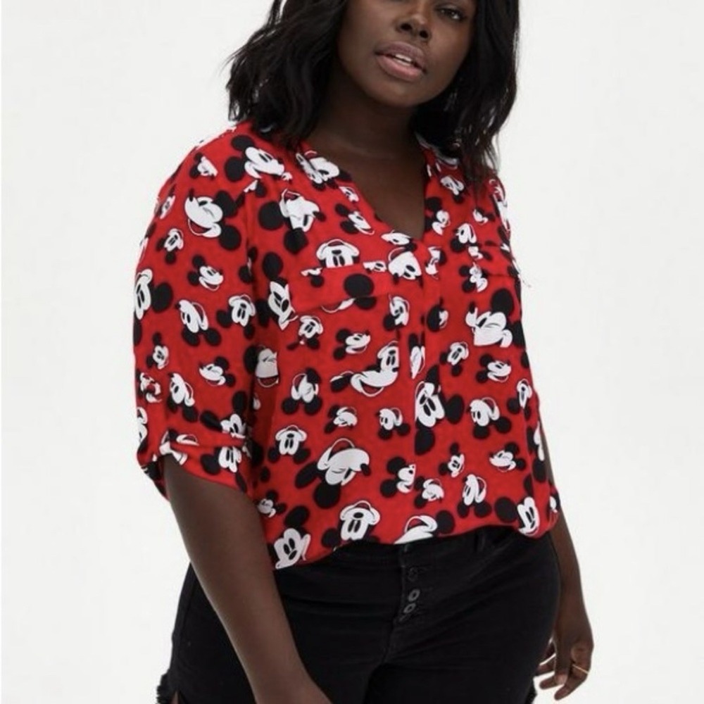 Torrid Harper Red Mickey Mouse Georgette 3/4 Sleeve Pullover Blouse Size 3X